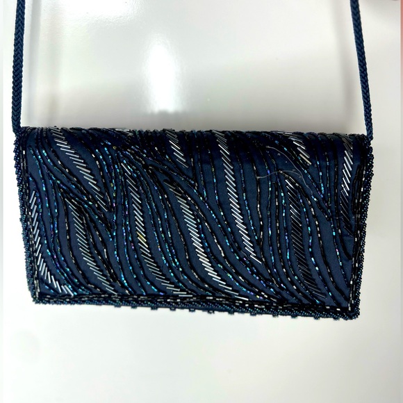 Vintage 1960s Genie Cross Body Beaded Purse Black/Navy Blue/Silver Evening Bag - Picture 3 of 16